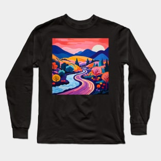 Digital Landscape Art in the Style of Matisse - Orange Sky, Blue Mountain, Orange Valley Long Sleeve T-Shirt